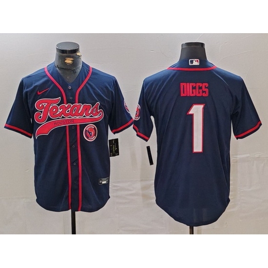 Men Houston Texans 1 Stefon Diggs Navy With Patch Cool Base Stitched Baseball Jersey 2