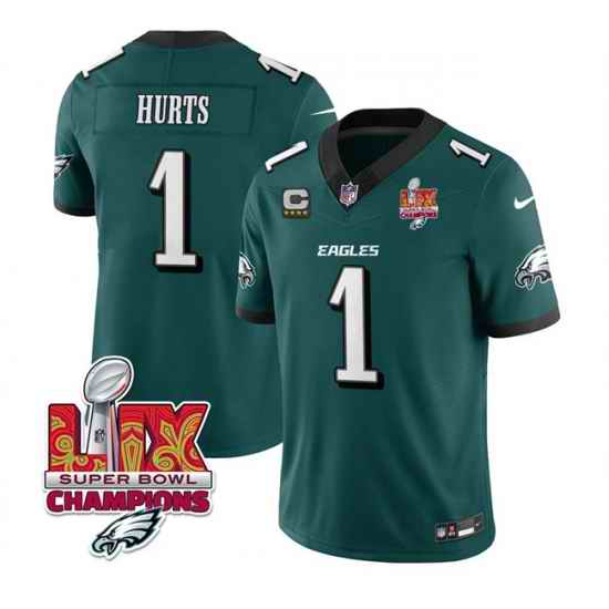 Men Philadelphia Eagles 1 Jalen Hurts Green 2025 Eagles Logo Super Bowl LIX Patch With 4 Star C Patch New F U S E  Vapor Untouchable Limited Stitched Footb