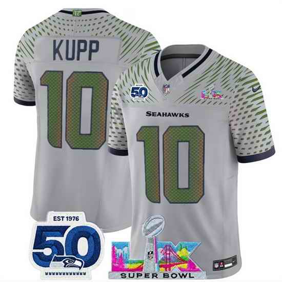 Youth Seattle Seahawks 10 Cooper Kupp Grey 2025 F U S E  Super Bowl LX Patch And 50th Season Patch  Rivalries Vapor Limited Stitched Football Jersey