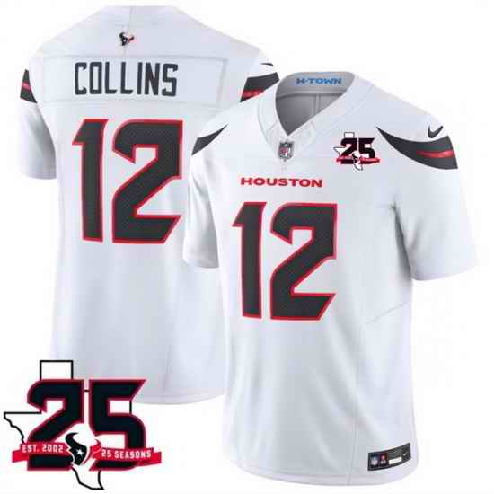 Men Houston Texans 12 Nico Collins White 2026 25th Anniversary Patch F U S E Vapor Limited Stitched Football Jersey