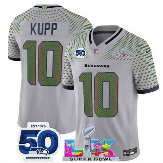 Women Seattle Seahawks 10 Cooper Kupp Grey 2025 F U S E  Super Bowl LX Patch And 50th Season Patch  Rivalries Vapor Limited Stitched Football Jersey