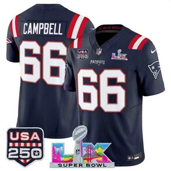 Men New England Patriots 66 Will Campbell Navy 2025 F U S E  Super Bowl LX Patch And USA 250 27 Patch Vapor Limited Football Stitched Jersey