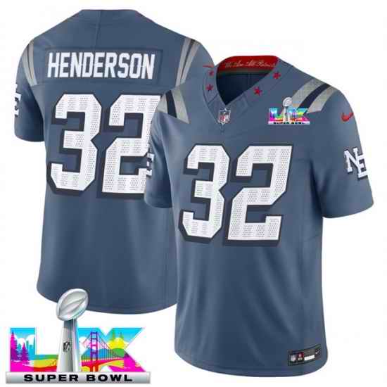 Men New England Patriots 32 TreVeyon Henderson Storm Blue 2025 F U S E  Super Bowl LX Patch  Rivalries Vapor Limited Stitched Football Jersey