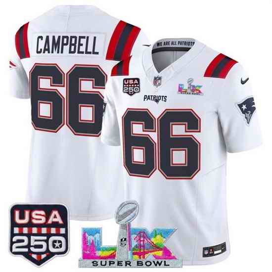 Youth New England Patriots 66 Will Campbell White 2025 F U S E  Super Bowl LX Patch And USA 250 27 Patch Vapor Limited Stitched Football Jersey