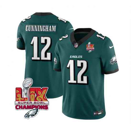 Men Philadelphia Eagles 12 Randall Cunningham Green 2025 Eagles Logo Super Bowl LIX Patch New F U S E  Vapor Limited Stitched Football Jersey