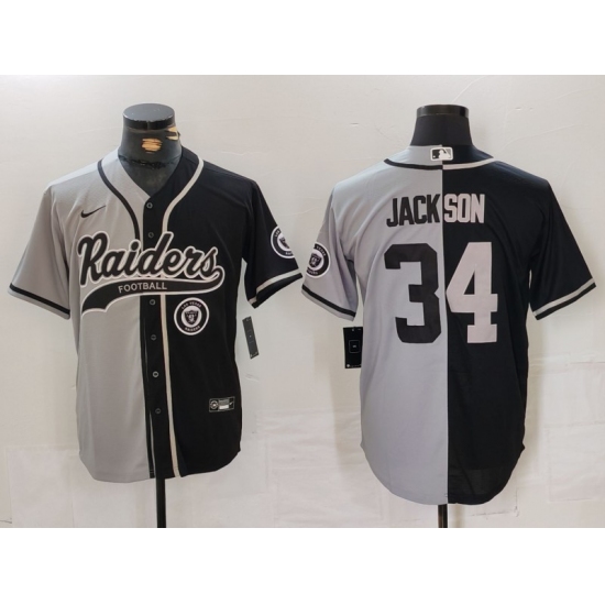 Men Las Vegas Raiders 34 Bo Jackson Grey Black Split Cool Base Stitched Baseball Jersey 2