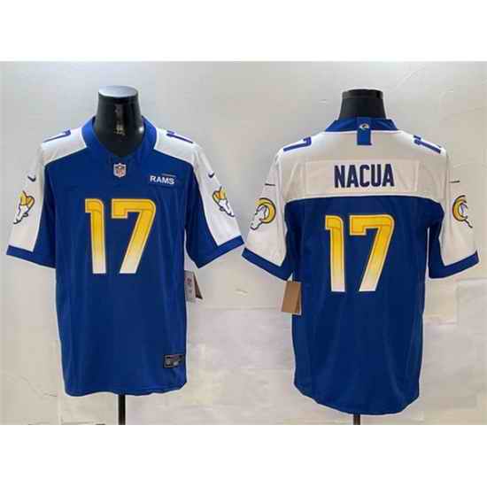 Men Los Angeles Rams 17 Puka Nacua Blue White 2024 F U S E  With Patch Vapor Untouchable Limited Stitched Football Jersey