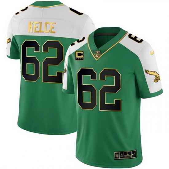Men Philadelphia Eagles  62 Jason Kelce Kelly Green Alternate Gold With 4 Star C Patch Stitched Football Jersey