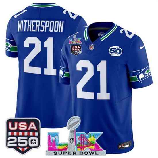 Youth Seattle Seahawks 21 Devon Witherspoon Royal 2025 F U S E  Super Bowl LX Patch And 50th Season  USA 250 Patch Vapor Throwback Limited Stitched Footbal