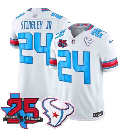 Men Houston Texans 24 Derek Stingley Jr White 2026 25th Anniversary Patch F U S E  HOUSTON US Rivalries Collection Limited Stitched Football Jersey