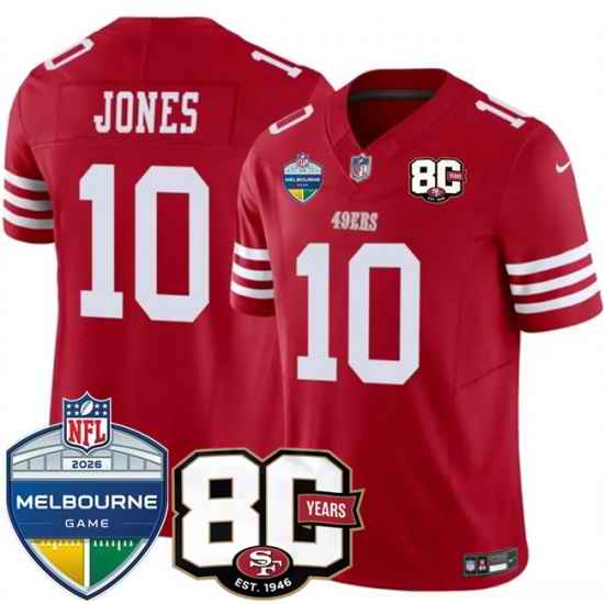 Men San Francisco 49ers 10 Mac Jones Red 80th Anniversary And Melbourne Game Patch 2026 F U S E Vapor Untouchabl2026 F U S E Vapor Untouchable Limited S