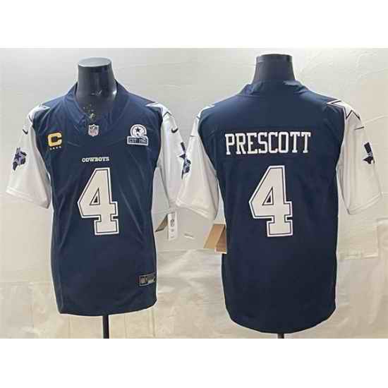 Men Dallas Cowboys 4 Dak Prescott Navy F U S E  With Established In 1960 Patch And 4 Star C Patch Vapor Limited Stitched Football Jersey