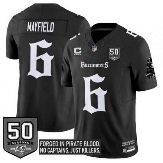Men Tampa Bay Buccaneers 6 Baker Mayfield Black F U S E  50th Season  26 4 Star C Patch Gothic Pirate Shadows Edition Limited Stitched Football Jersey