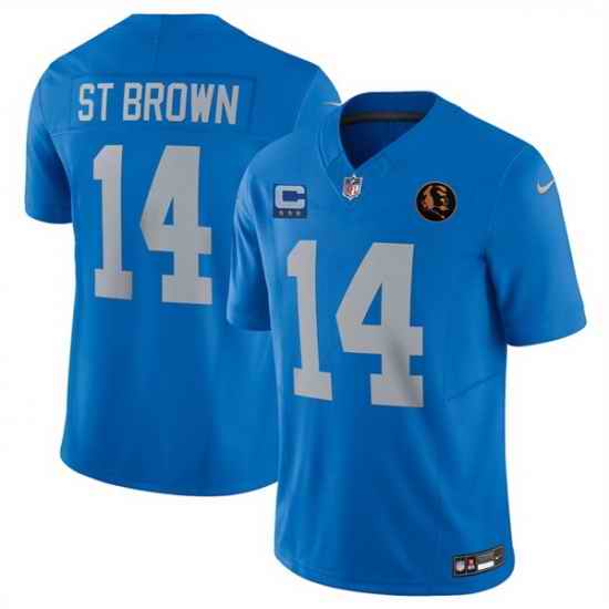 Men Detroit Lions 14 Amon Ra St  Brown Blue 2025 F U S E  With 4  Star C Patch And John Madden Patch Vapor Limited Stitched Jersey