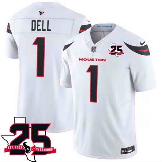 Men Houston Texans 1 Tank Dell White 2026 25th Anniversary Patch F U S E Vapor Limited Stitched Football Jersey