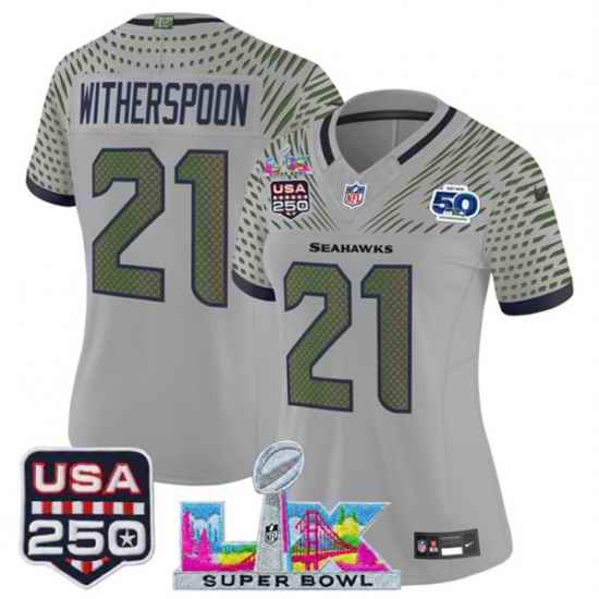 Women Seattle Seahawks 21 Devon Witherspoon Gray 2025 F U S E Super Bowl LX  US 250th anniversary Patch And 50th Season Patch Rivalries Vapor Limited Footb