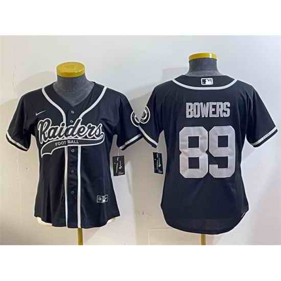 Women Las Vegas Raiders 89 Brock Bowers Black With Patch Cool Base Stitched Baseball Jersey