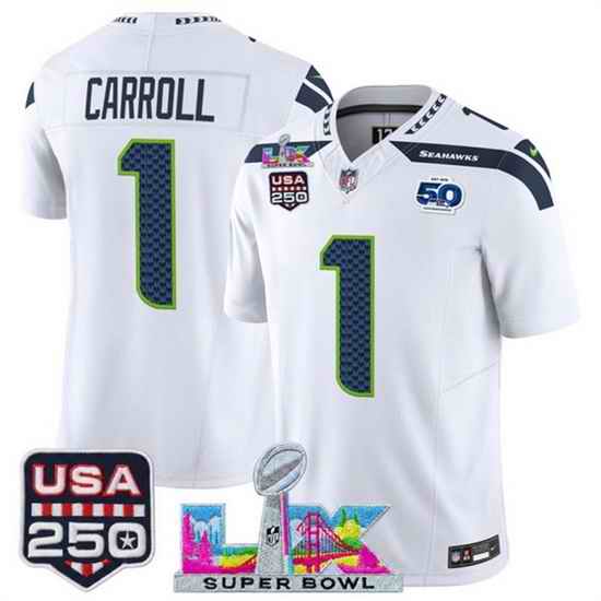 Youth Seattle Seahawks 1 Pete Carroll White 2025 F U S E  Super Bowl LX Patch And 50th Season  USA 250 Patch Vapor Limited Stitched Football Jersey