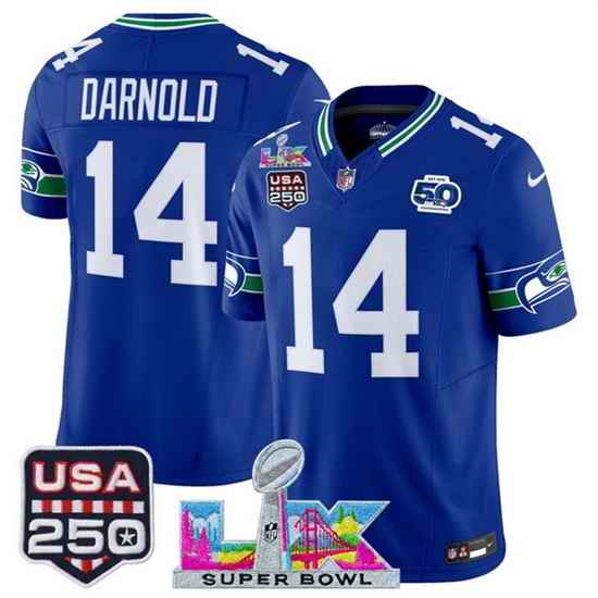 Youth Seattle Seahawks 14 Sam Darnold Royal 2025 F U S E  Super Bowl LX Patch And 50th Season  USA 250 Patch Vapor Throwback Limited Stitched Football Jers