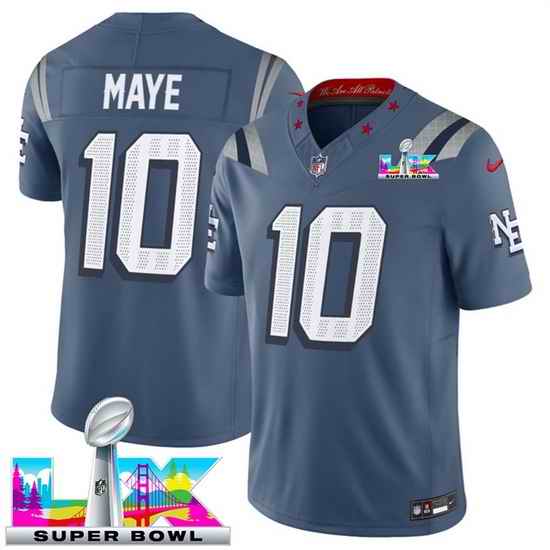 Youth New England Patriots 10 Drake Maye Storm Blue 2025 F U S E  Super Bowl LX Patch  Rivalries Vapor Limited Stitched Football Jersey