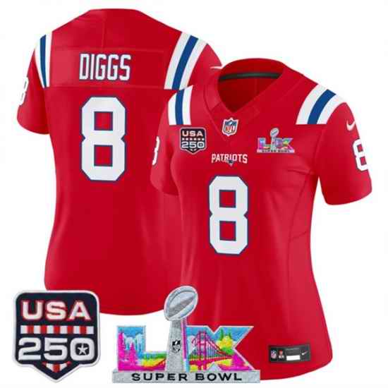 Women New England Patriots 8 Stefon Diggs Red 2025 F U S E  Super Bowl LX Patch And USA 250 27 Patch Vapor Limited Football Stitched Jersey