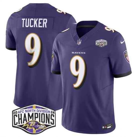 Men Baltimore Ravens 9 Justin Tucker Purple F U S E 2024 AFC North Division Champions Vapor Limited Football Jersey