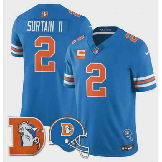 Men Denver Broncos Throwback 3 Times Champions Patch Vapor Limited All Stitched Blue #2 Patrick Surtain II Jersey