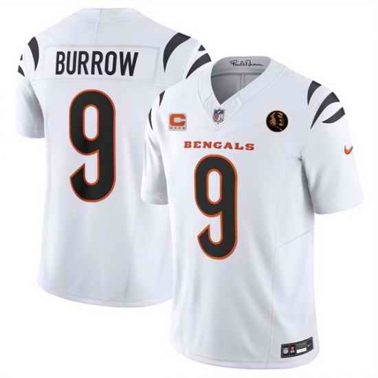 Men Cincinnati Bengals 9 Joe Burrow White 2023 F U S E  With 4 star C Patch And John Madden Patch Vapor Limited Stitched Football Jersey