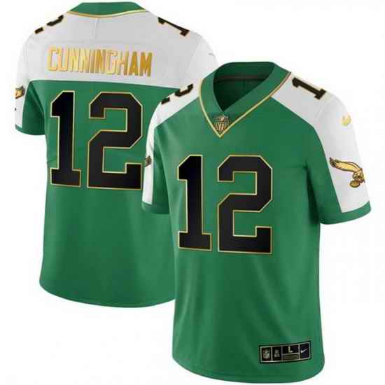 Men Philadelphia Eagles  12 Randall Cunningham Kelly Green Alternate Gold Stitched Football Jersey