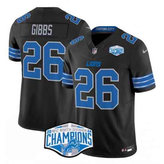 Men Detroit Lions 26 Jahmyr Gibbs Black 2024 NFC North Champions F U S E  Vapor Limited Stitched Jersey