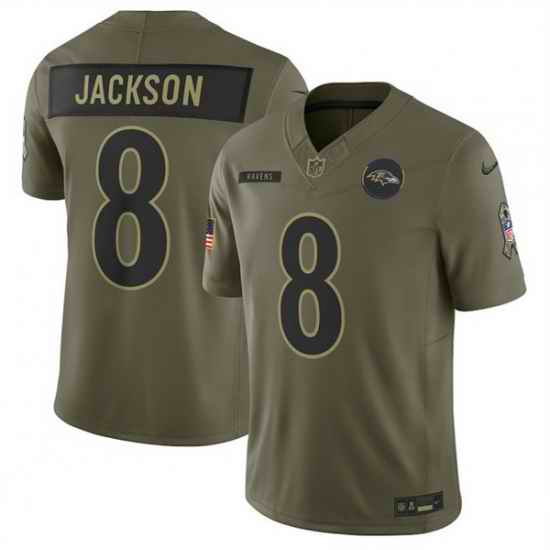 Men Baltimore Ravens 8 Lamar Jackson Olive 2025 Salute to Service Limited Stitched Football Jersey