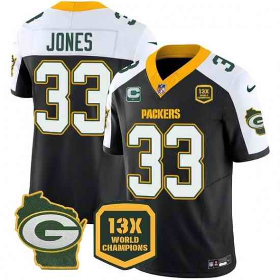 Men Green Bay Packers 33 Aaron Jones Black White 2023 F U S E  Home With 1 Star C Patch 13 Time World Champions Vapor Untouchable Limited Stitched Football
