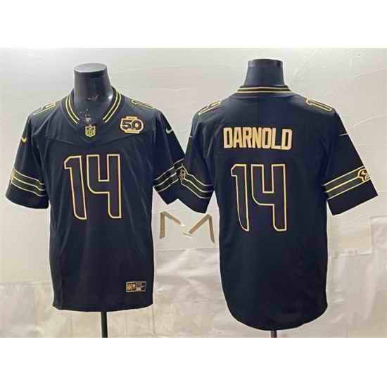 Men Seattle Seahawks  14 Sam Darnold Black Gold 2025 F U S E  50th Season Patch Vapor Limited Stitched Football Jersey