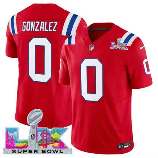 Men New England Patriots 0 Christian Gonzalez Red 2025 F U S E  Super Bowl LX Patch Vapor Limited Stitched Football Jersey