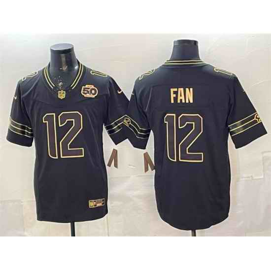 Men Seattle Seahawks 12 Fan Black Gold 2025 F U S E  50th Season Patch Limited Stitched Football Jersey