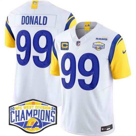 Men Los Angeles Rams 99 Aaron Donald White 2024 NFC West Champions With 4 Star C Patch F U S E  Vapor Untouchable Stitched Football Jersey