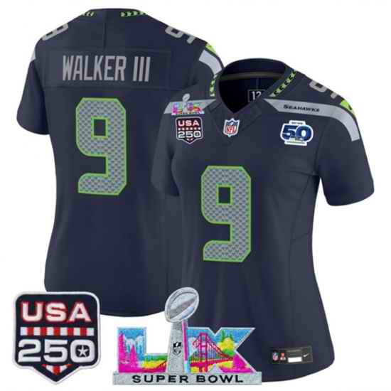 Women Seattle Seahawks 9 Kenneth Walker III Navy 2025 F U S E  Super Bowl LX Patch And 50th Season  26 USA 250 27 Patch Vapor Limited Football Stitched Jer