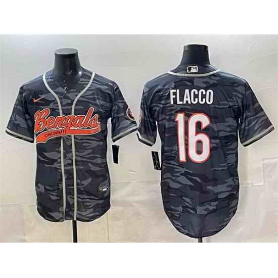 Men Cincinnati Bengals 16 Joe Flacco Grey Camo With Patch Cool Base Stitched Baseball Jersey