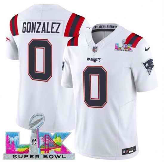 Men New England Patriots 0 Christian Gonzalez White 2025 F U S E  Super Bowl LX Patch Vapor Limited Stitched Football Jersey