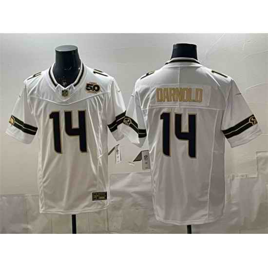 Men Seattle Seahawks  14 Sam Darnold White Gold 2025 F U S E  50th Season Patch Vapor Limited Stitched Football Jersey