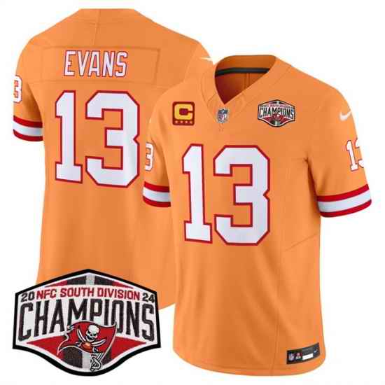 Men Tampa Bay Buccaneers 13 Mike Evans Orange F U S E  2024 NFC South Champions With 4 Star C Patch Limited Stitched Jersey