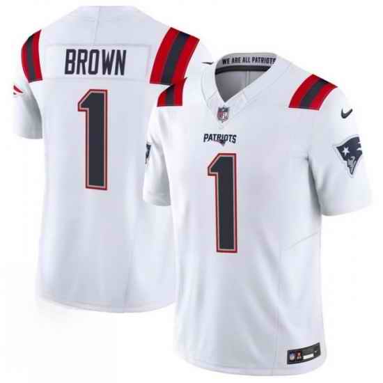 Men New England Patriots  1 A J  Brown White 2026 F U S E  Vapor Limited Stitched Football Jersey