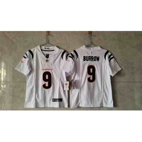 Women Cincinnati Bengals 9 Joe Burrow White F U S E  Stitched Vapor Football Jersey