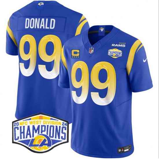 Men Los Angeles Rams 99 Aaron Donald Blue 2024 NFC West Champions With 4 Star C Patch F U S E  Vapor Untouchable Stitched Football Jersey