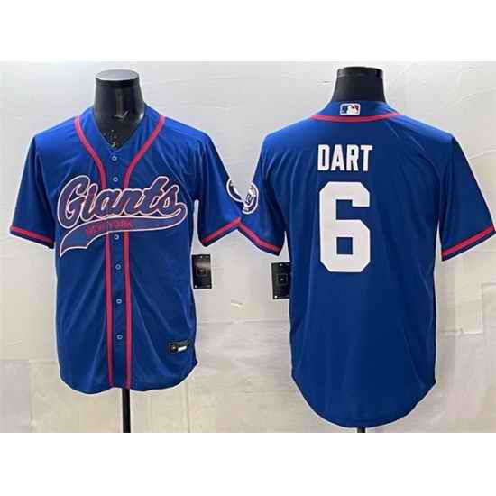 Men New York Giants 6 Jaxson Dart Royal With Patch Cool Base Stitched Baseball Jersey