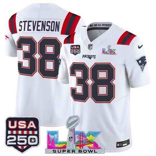 Youth New England Patriots 38 Rhamondre Stevenson White 2025 F U S E  Super Bowl LX Patch And USA 250 27 Patch Vapor Limited Stitched Football Jersey