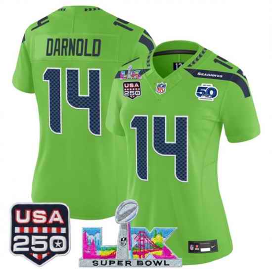 Women Seattle Seahawks 14 Sam Darnold Green 2025 F U S E  Super Bowl LX Patch And 50th Season  26 USA 250 27 Patch Vapor Limited Football Stitched Jersey