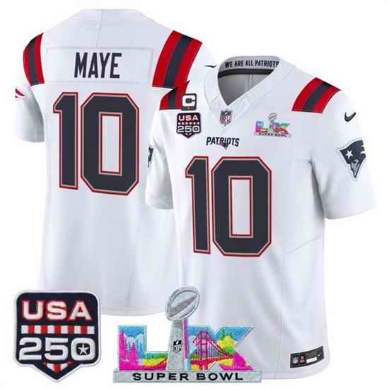 Youth New England Patriots 10 Drake Maye White 2025 F U S E  1 Star C Patch And Super Bowl LX Patch  USA 250 Patch Vapor Limited Stitched Football Jersey