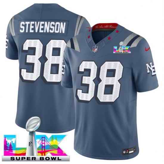 Men New England Patriots 38 Rhamondre Stevenson Storm Blue 2025 F U S E  Super Bowl LX Patch  Rivalries Vapor Limited Stitched Football Jersey