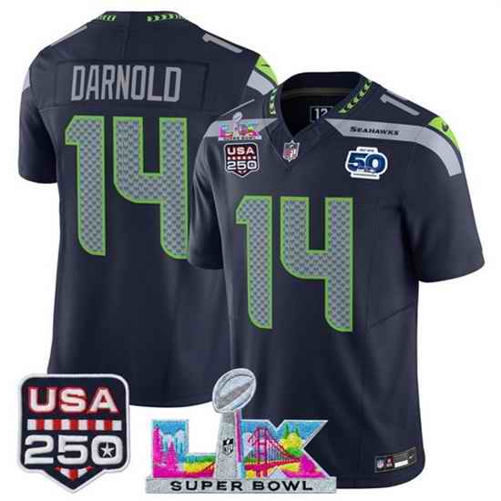 Youth Seattle Seahawks 14 Sam Darnold Navy 2025 F U S E  Super Bowl LX Patch And 50th Season  USA 250 Patch Vapor Limited Stitched Football Jersey